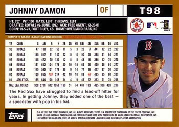 2002 Topps Traded & Rookies #T98 Johnny Damon Back