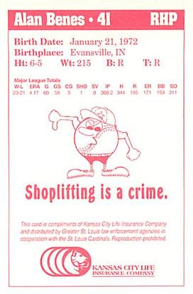 1998 St. Louis Cardinals Police #NNO Alan Benes Back