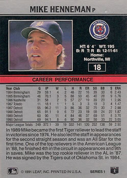 1991 Leaf #18 Mike Henneman Back
