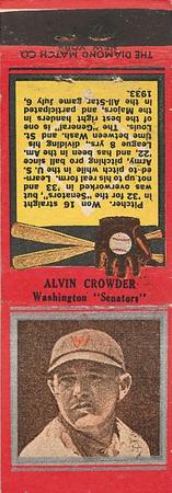 1934 Diamond Matchbooks (U1) #NNO Alvin Crowder Front