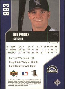 2002 Upper Deck 40-Man #993 Ben Petrick Back