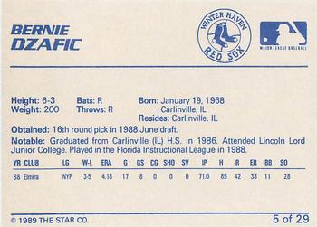 1989 Star Winter Haven Red Sox - Platinum #5 Bernie Dzafic Back