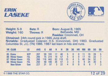 1989 Star Winter Haven Red Sox - Platinum #12 Erik Laseke Back