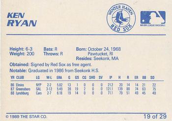 1989 Star Winter Haven Red Sox - Platinum #19 Ken Ryan Back