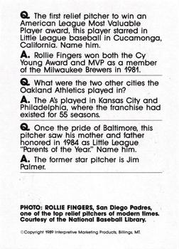 1990 Interpretive Marketing Baseball Wit - Unnumbered #NNO Rollie Fingers Back