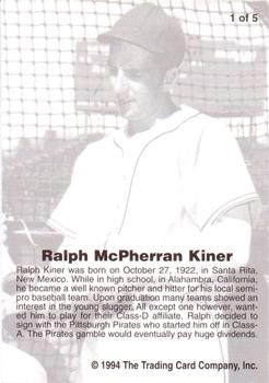 1994 Front Row Premium All-Time Greats Ralph Kiner #1 Ralph Kiner Back
