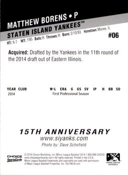 2014 Choice Staten Island Yankees #6 Matthew Borens Back