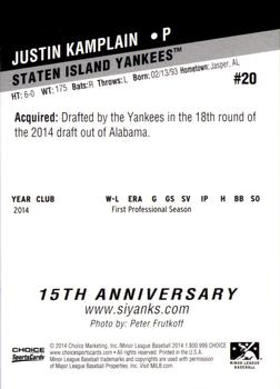 2014 Choice Staten Island Yankees #20 Justin Kamplain Back