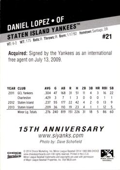 2014 Choice Staten Island Yankees #21 Daniel Lopez Back