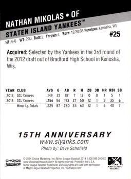 2014 Choice Staten Island Yankees #25 Nathan Mikolas Back
