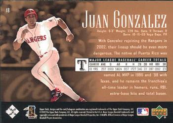 2002 Upper Deck Piece of History #18 Juan Gonzalez Back