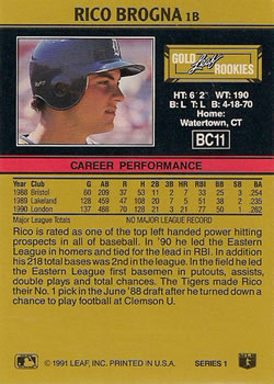 1991 Leaf - Gold Rookies #BC11 Rico Brogna Back