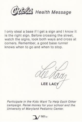 1985 Baltimore Orioles Health Message SGA #NNO Lee Lacy Back