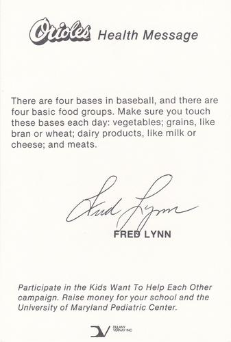 1985 Baltimore Orioles Health Message SGA #NNO Fred Lynn Back