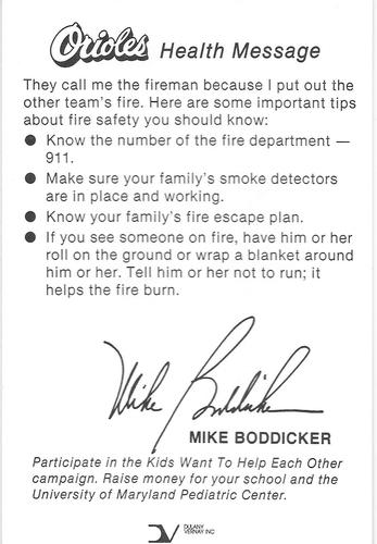 1985 Baltimore Orioles Health Message SGA #NNO Mike Boddicker Back
