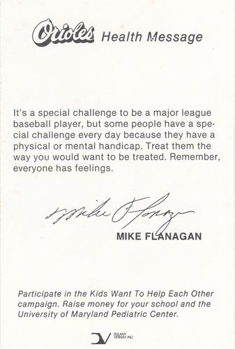1985 Baltimore Orioles Health Message SGA #NNO Mike Flanagan Back