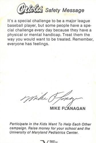 1985 Baltimore Orioles Health Message SGA #NNO Mike Flanagan Back