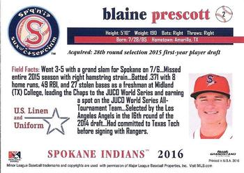 2016 Grandstand Spokane Indians #2 Blaine Prescott Back