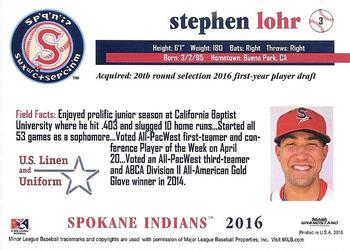 2016 Grandstand Spokane Indians #3 Stephen Lohr Back