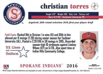 2016 Grandstand Spokane Indians #17 Christian Torres Back