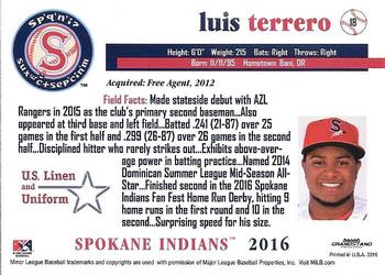 2016 Grandstand Spokane Indians #18 Luis Terrero Back