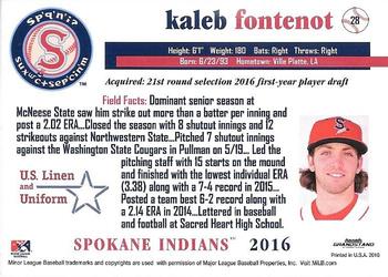 2016 Grandstand Spokane Indians #28 Kaleb Fontenot Back