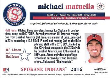 2016 Grandstand Spokane Indians #30 Michael Matuella Back