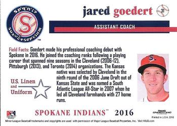 2016 Grandstand Spokane Indians #31 Jared Goedert Back