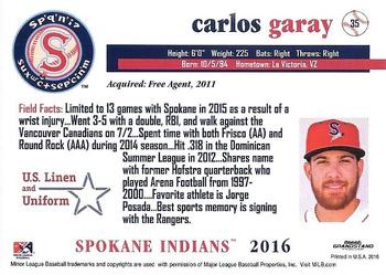 2016 Grandstand Spokane Indians #35 Carlos Garay Back
