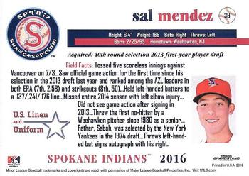 2016 Grandstand Spokane Indians #39 Sal Mendez Back