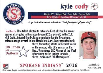 2016 Grandstand Spokane Indians #45 Kyle Cody Back