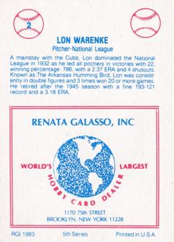 1983 TCMA Renata Galasso 1933 All-Stars #2 Lon Warneke Back