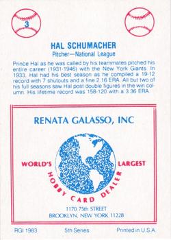 1983 TCMA Renata Galasso 1933 All-Stars #3 Hal Schumacher Back
