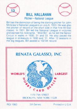 1983 TCMA Renata Galasso 1933 All-Stars #13 Bill Hallahan Back