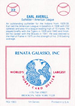 1983 TCMA Renata Galasso 1933 All-Stars #22 Earl Averill Back
