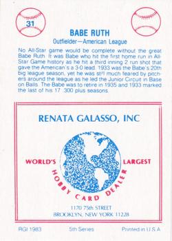 1983 TCMA Renata Galasso 1933 All-Stars #31 Babe Ruth Back