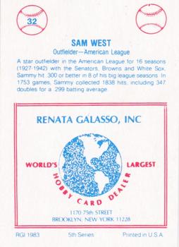 1983 TCMA Renata Galasso 1933 All-Stars #32 Sam West Back