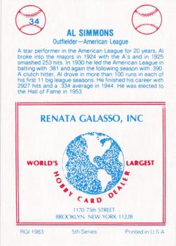 1983 TCMA Renata Galasso 1933 All-Stars #34 Al Simmons Back