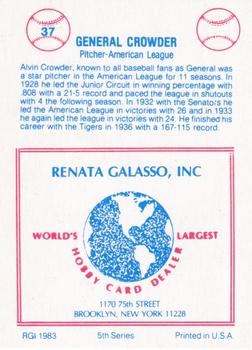 1983 TCMA Renata Galasso 1933 All-Stars #37 General Crowder Back