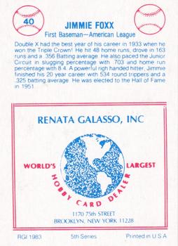 1983 TCMA Renata Galasso 1933 All-Stars #40 Jimmie Foxx Back