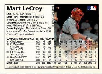 2000 Arizona Fall League Prospects #22 Matt LeCroy Back
