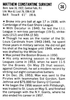 1983 Fritsch 1953 Boston/Milwaukee Braves #36 Max Surkont Back