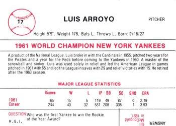1980 Galasso B&W 1961 New York Yankees #17 Luis Arroyo Back