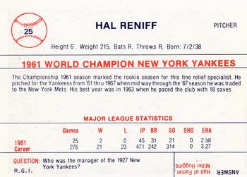 1980 Galasso B&W 1961 New York Yankees #25 Hal Reniff Back