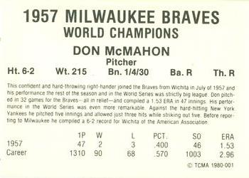 1980 TCMA 1957 Milwaukee Braves #001 Don McMahon Back