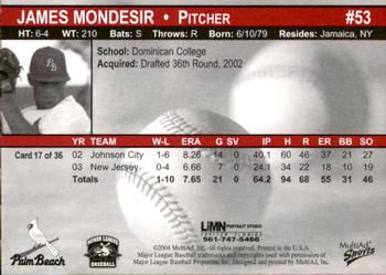 2004 MultiAd Palm Beach Cardinals #17 James Mondesir Back