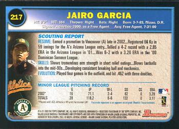 2003 Bowman #217 Jairo Garcia Back