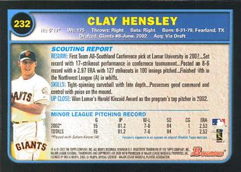 2003 Bowman #232 Clay Hensley Back