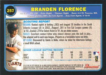 2003 Bowman #257 Branden Florence Back