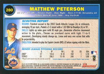 2003 Bowman #280 Matt Peterson Back